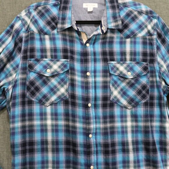 Sun + Stone Plaid Western Shirt Mens XL Long Sleeve Soft Blue Plaid Pearl Snap - Picture 4 of 10